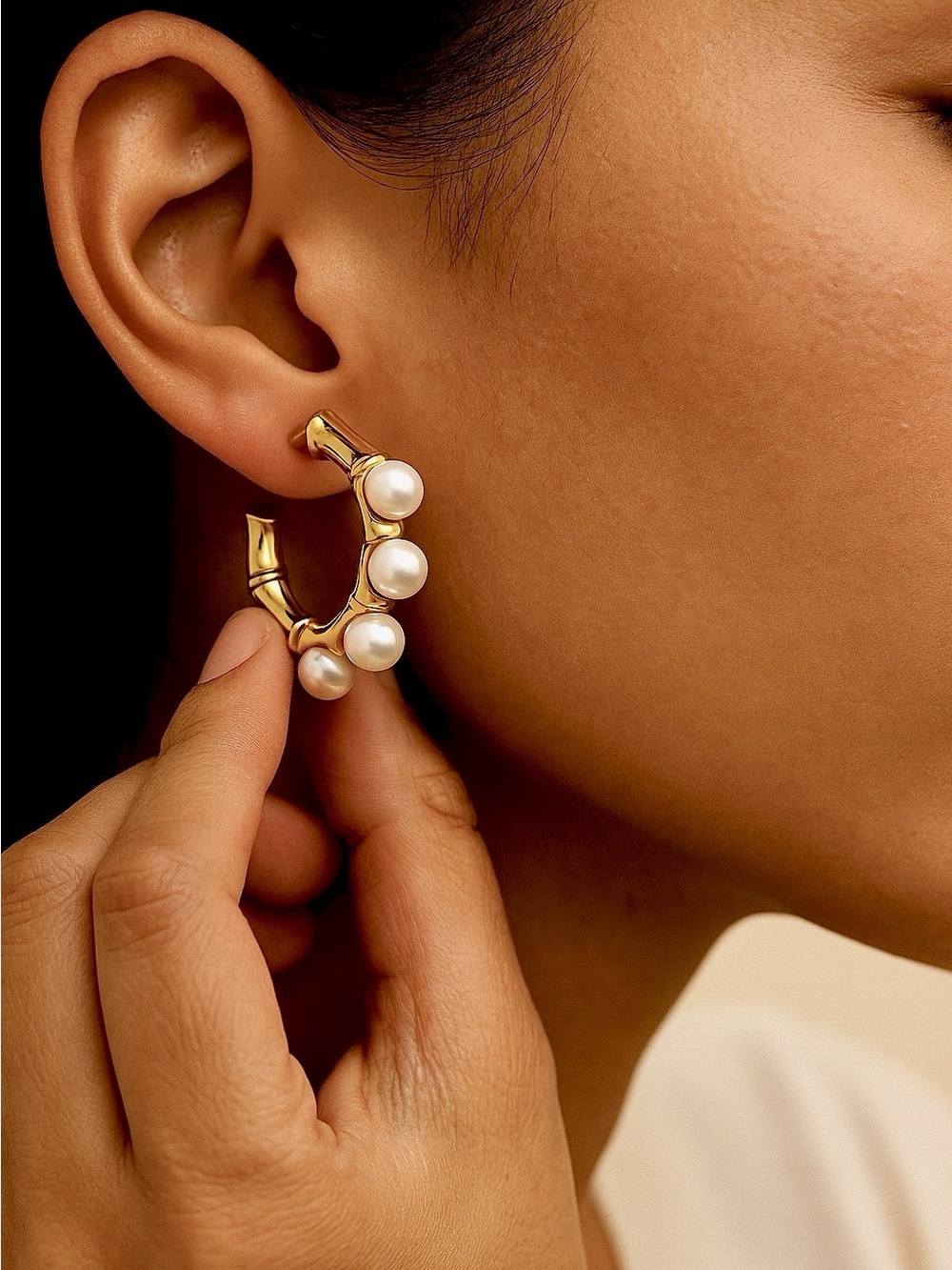 Vintage Gold Hoop Earrings with White Pearls